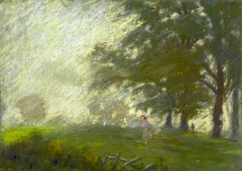 Młoda dziewczyna skacząca na polanie (pastel na papierze)